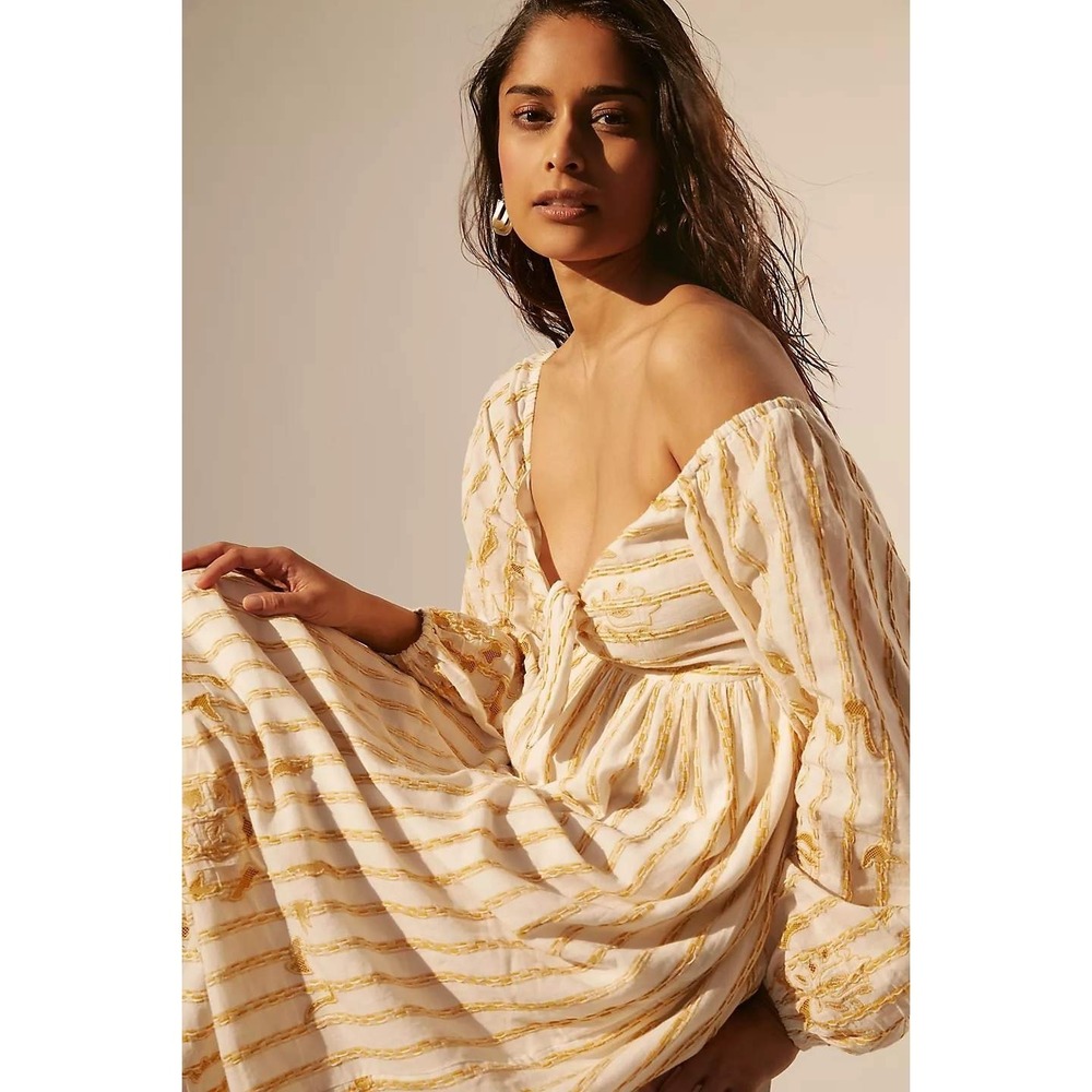 Anthropologie By Anthropologie Embroidered Tie-Front Maxi Dress Cream Gold M - Picture 3 of 13